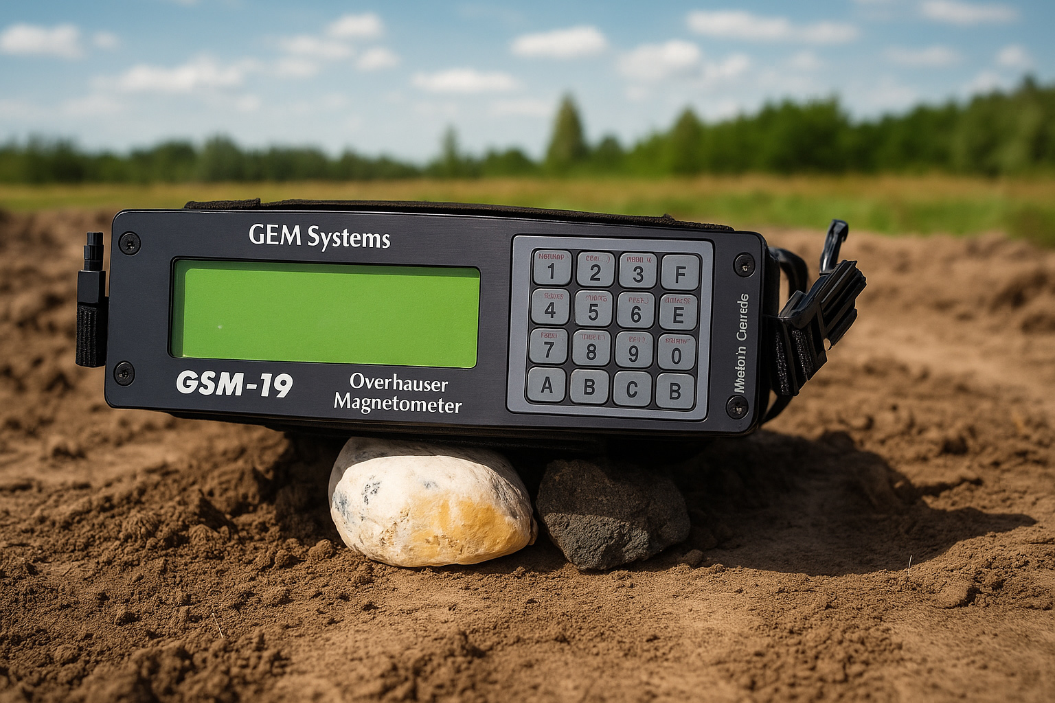 GSM-19 Overhauser Magnetometre cihazı, açık arazide toprak zemine yerleştirilmiş şekilde görüntüleniyor.