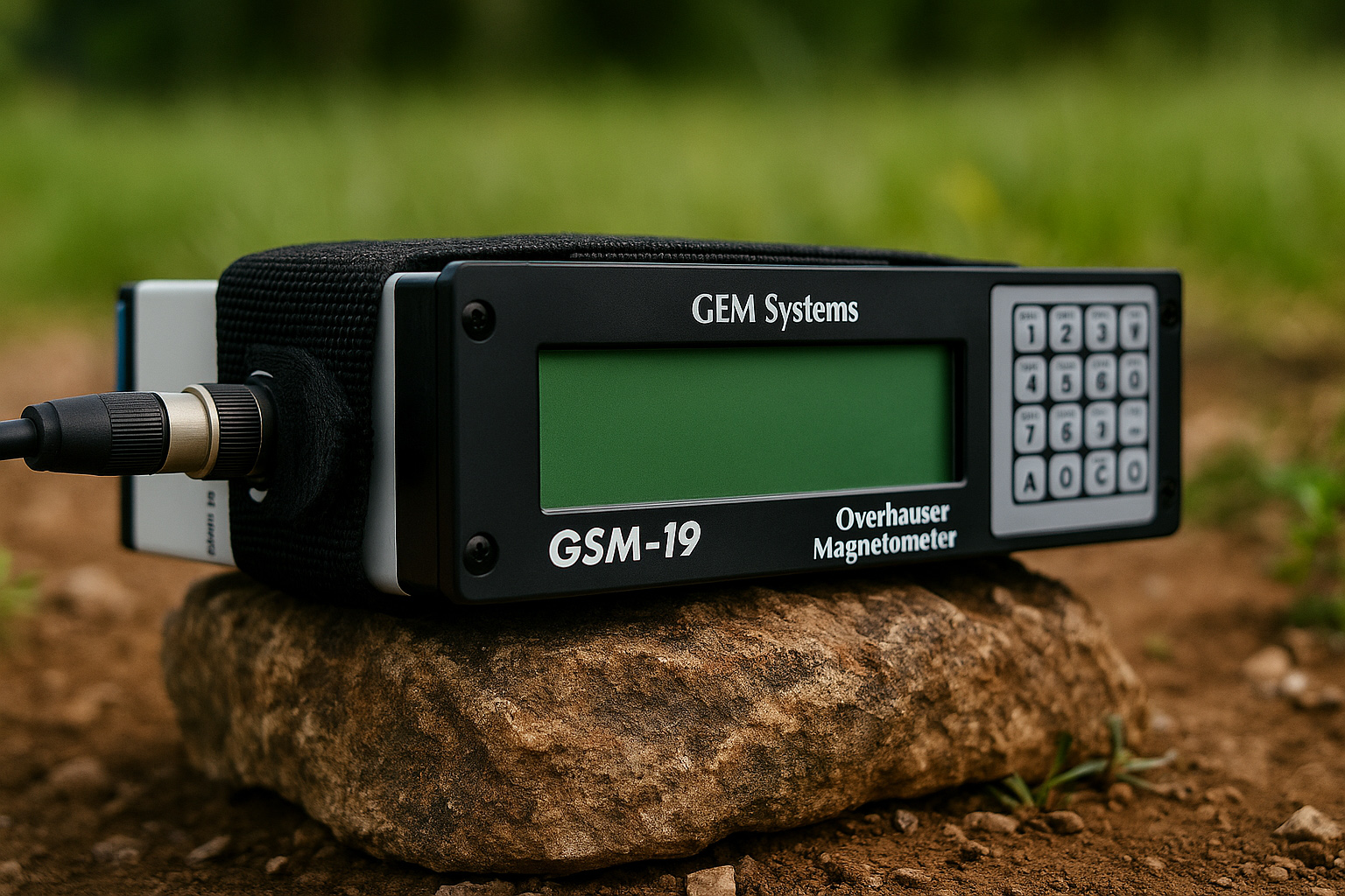GSM-19 manyetometre cihazı, doğal taş yüzey üzerine yerleştirilmiş şekilde, açık alanda ölçüme hazır olarak konumlandırılmıştır.