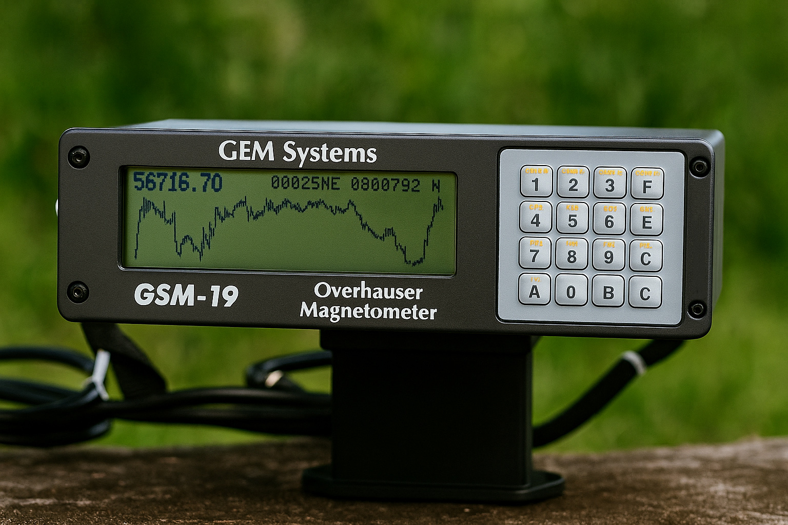 GSM-19 manyetometre cihazı, yeşilliklerle çevrili açık alanda, ekranında manyetik alan grafiği görülecek şekilde sergilenmektedir.